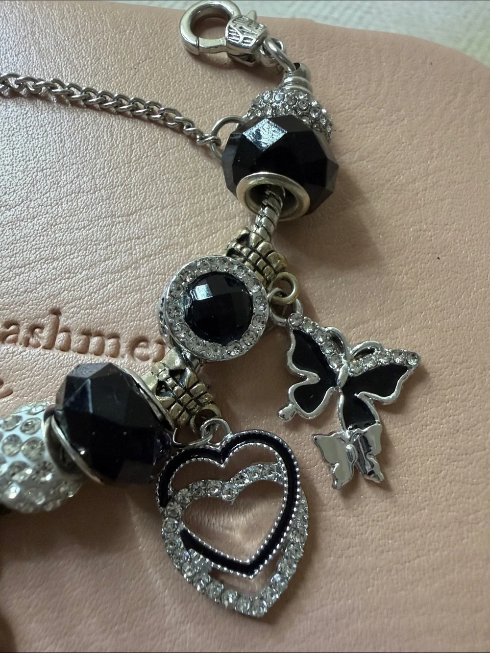 Stainless Silver-tone Black Bead Heart & Butterfly Charm Bracelet - Picture 3 of 10